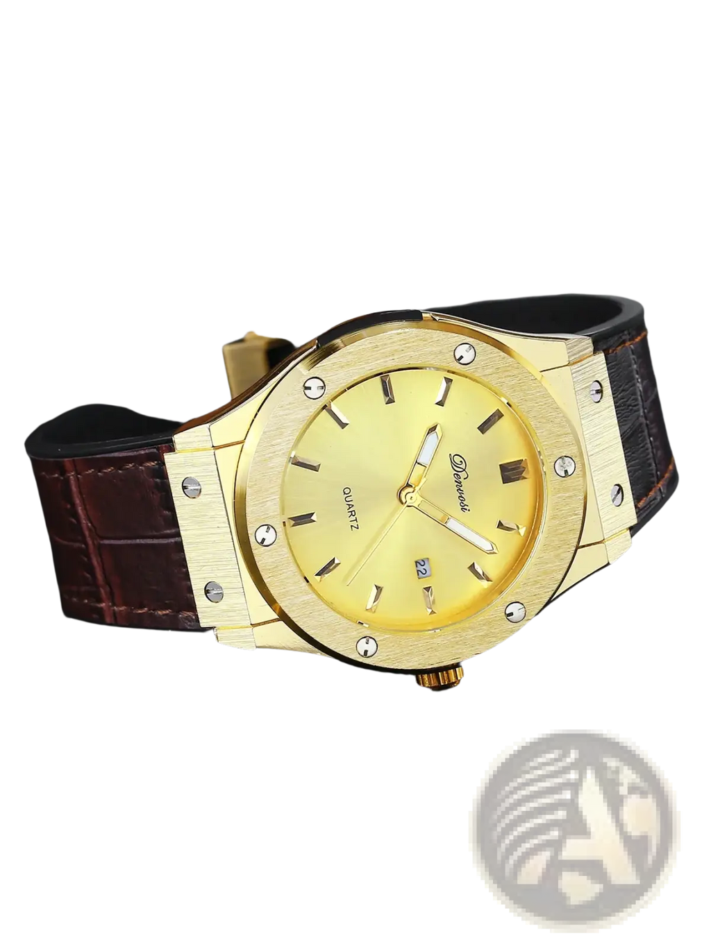 Mens quartz leather watch with gold-tone case yellow dial black crocodile-patterned strap and silver screws