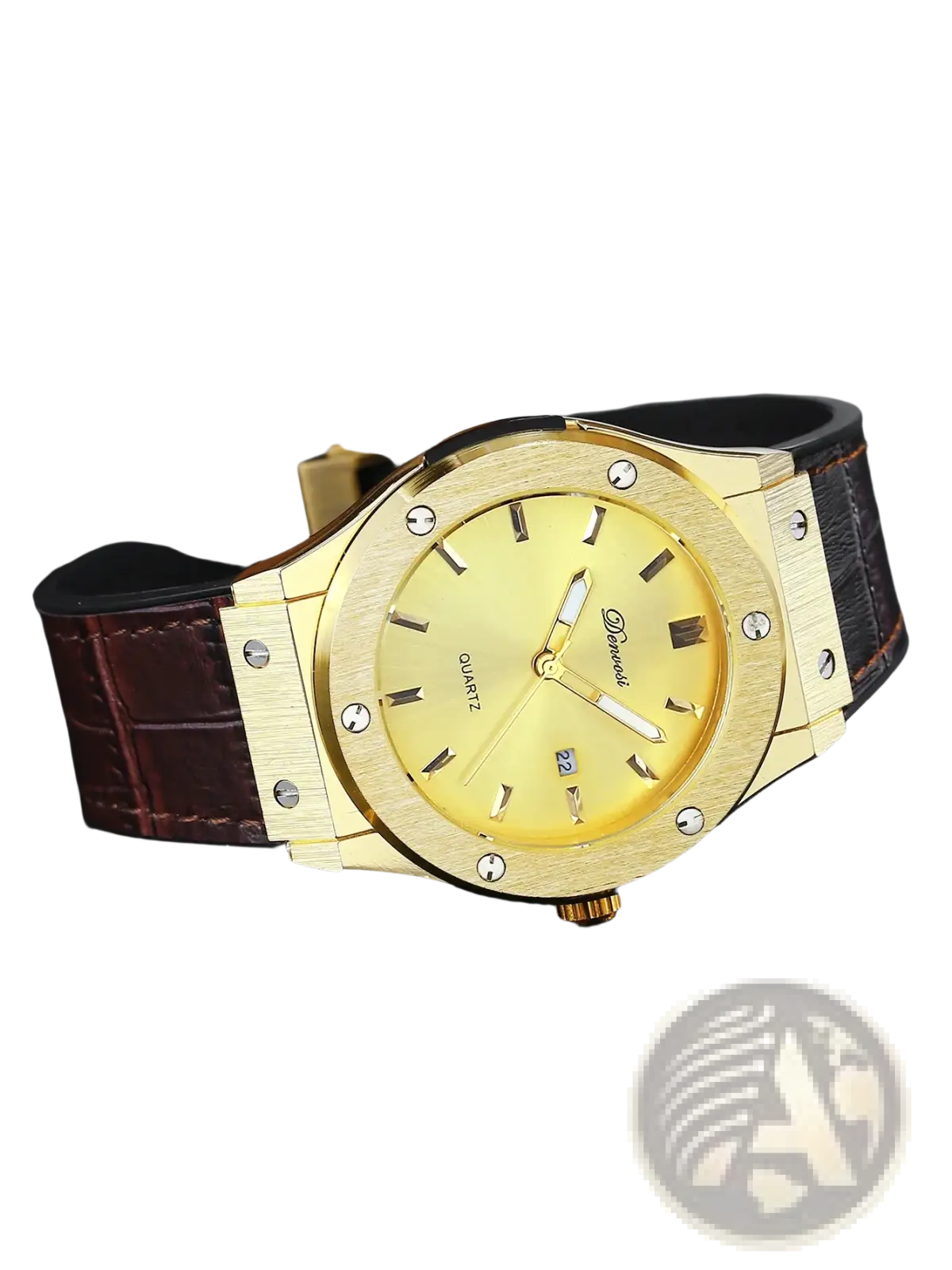 Mens quartz leather watch with gold-tone case yellow dial black crocodile-patterned strap and silver screws