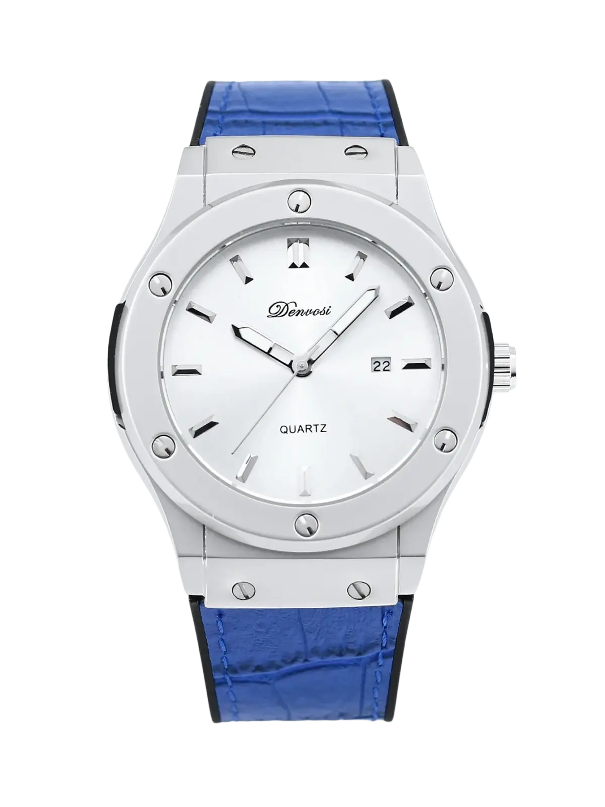 A sleek silver mens quartz leather watch with a white dial blue crocodile pattern strap by denvosi