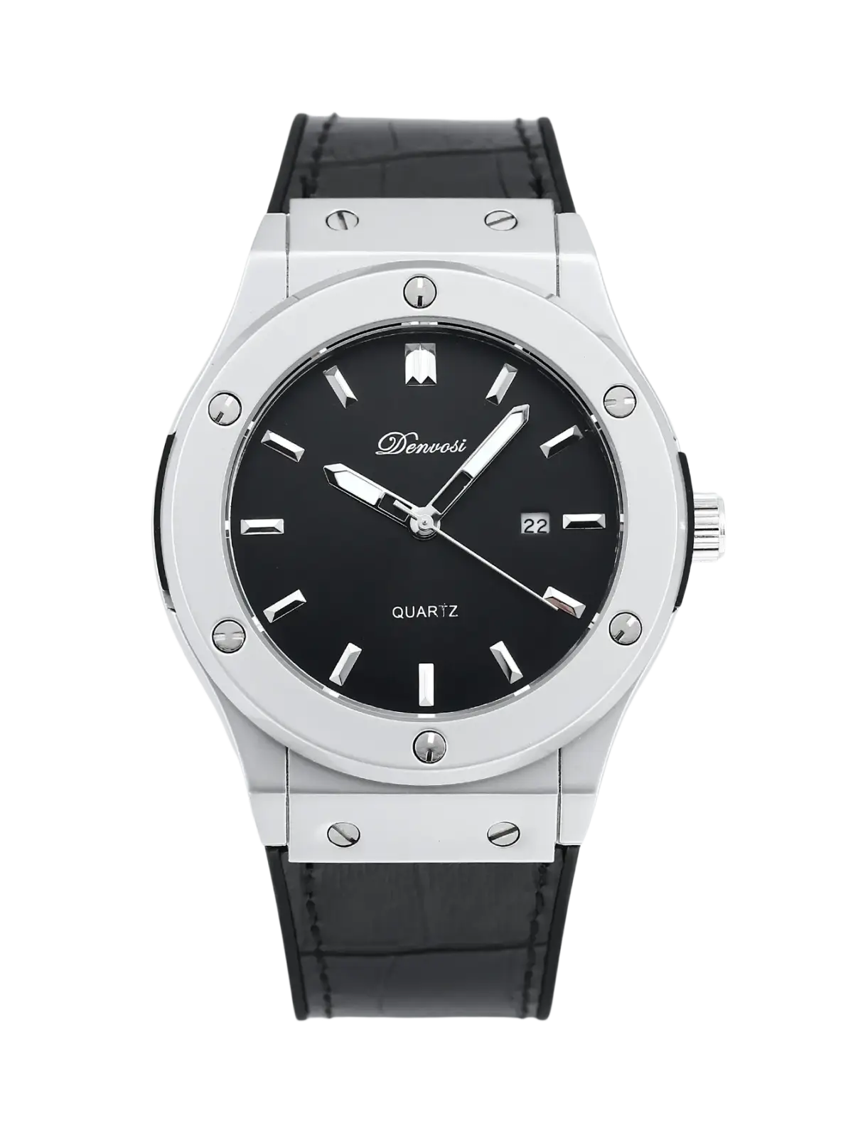 Mens quartz leather watch with sleek silver denversi case, black dial, rectangular markers, and black crocodile strap