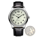 Men’s quartz leather watch with black leather strap silver case and cream dial featuring black arabic numerals