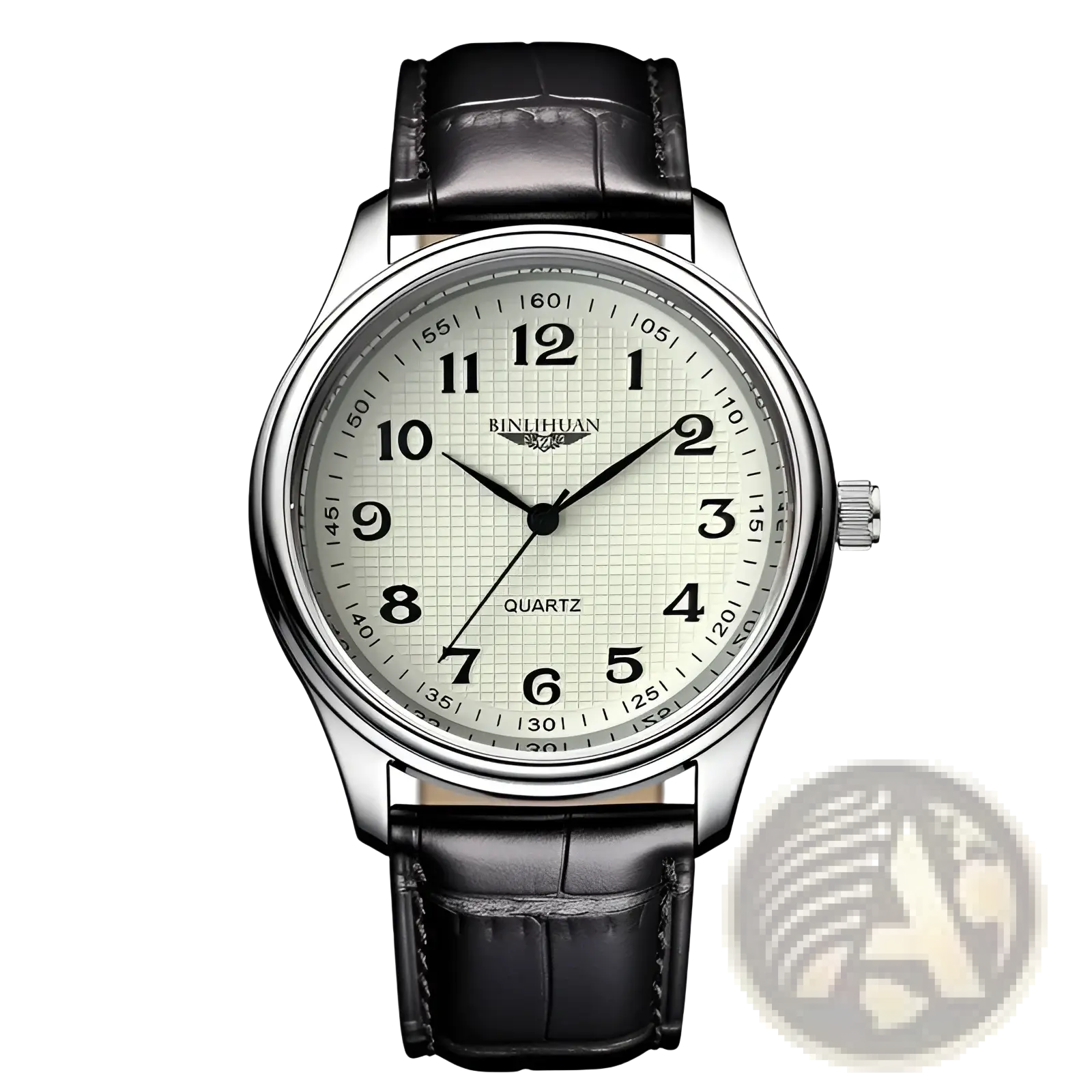 Men’s quartz leather watch with black leather strap silver case and cream dial featuring black arabic numerals