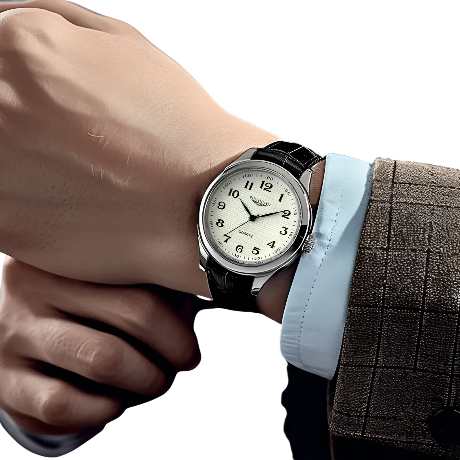 A men’s quartz silver leather watch with a white dial, black arabic numerals, and black leather strap
