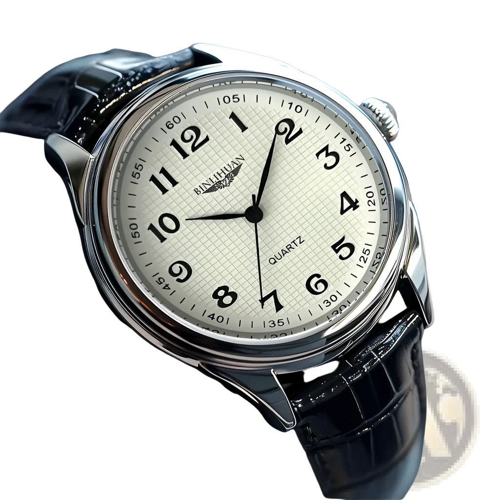 Men’s quartz leather watch with sleek silver case, textured cream dial, and black alligator pattern strap by binghua