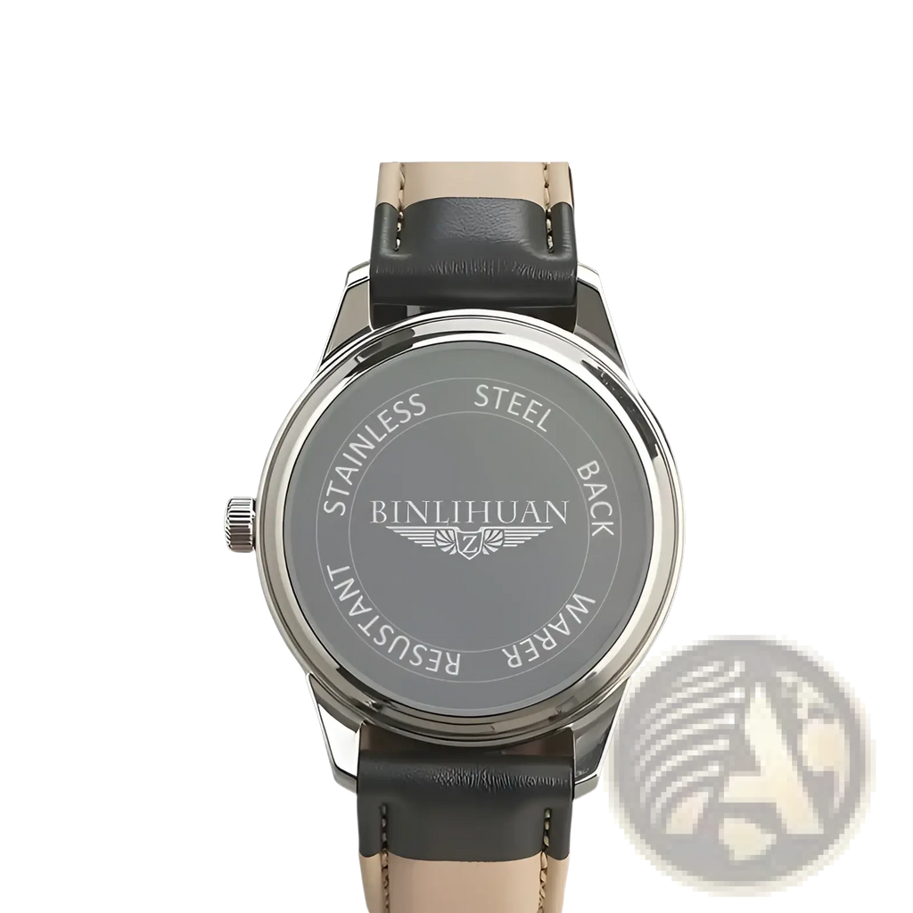 Men’s quartz leather watch silver white dial showing the back with silver stainless steel case and black leather strap