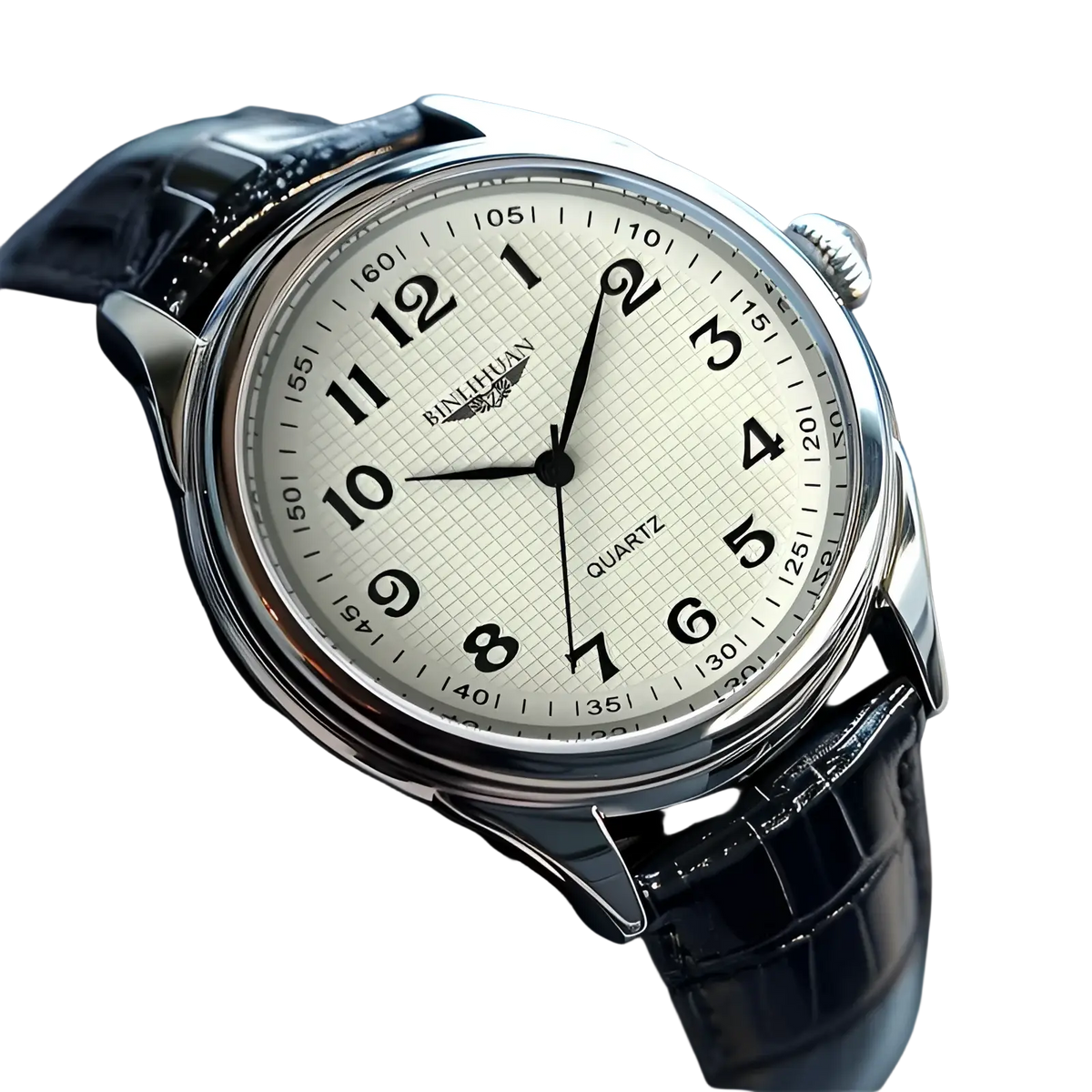Men’s quartz leather watch with sleek silver case, textured cream dial, and black alligator pattern strap by binghua