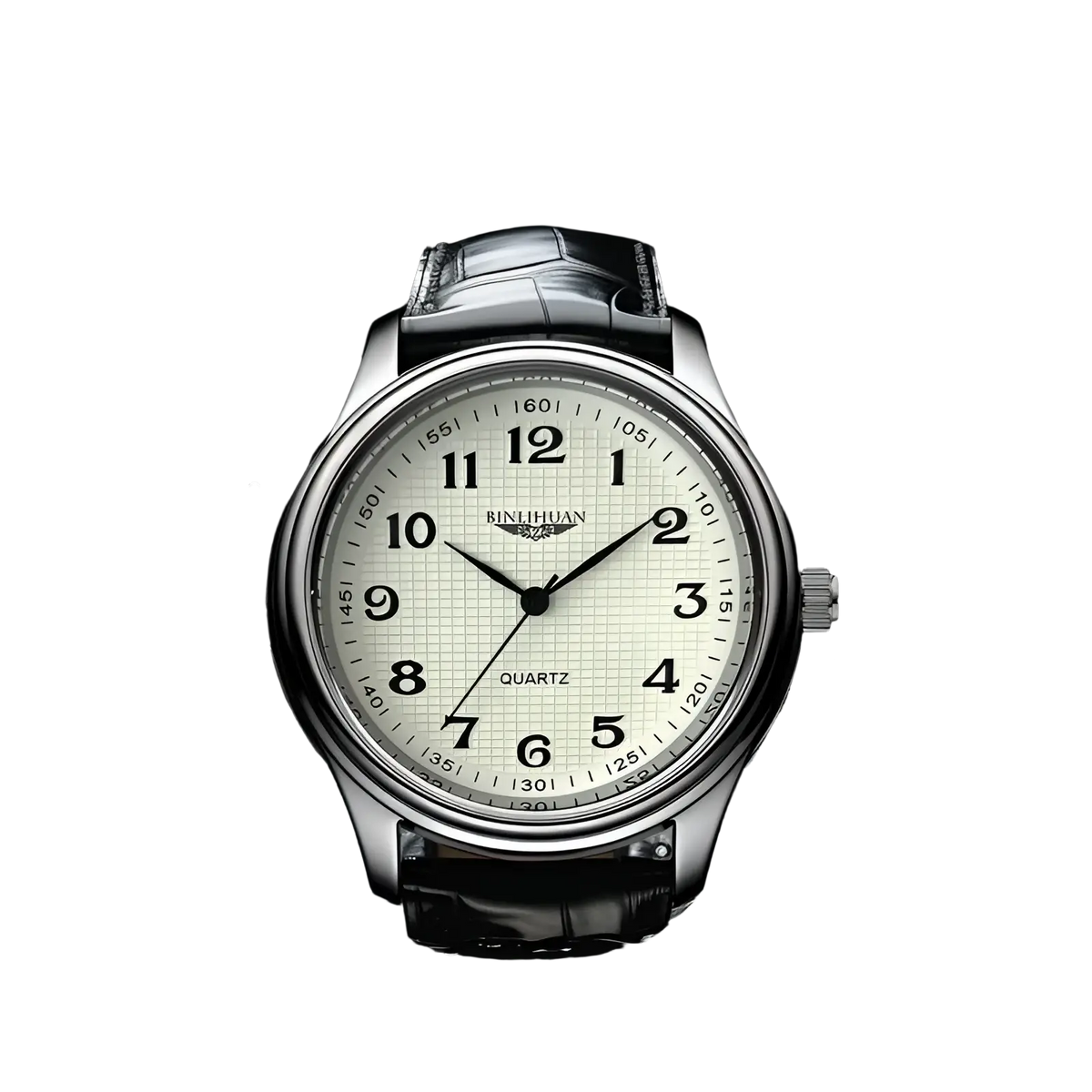 Men’s quartz leather watch silver with a cream dial bold black numerals and a black leather strap