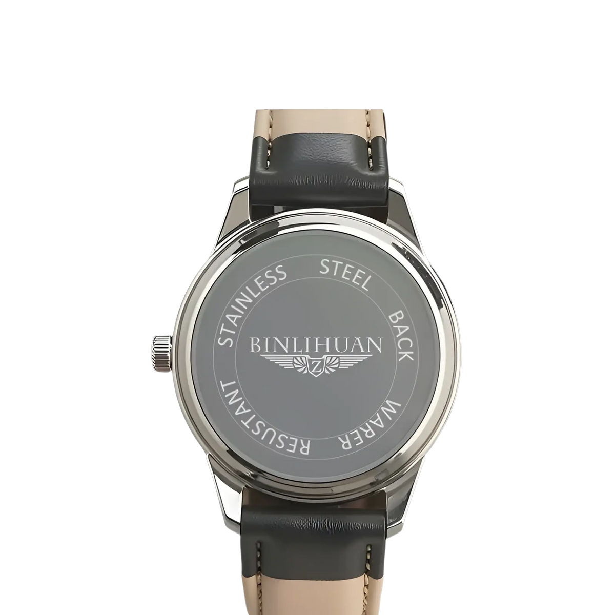 Men’s quartz leather watch silver white dial showing the back with silver stainless steel case and black leather strap