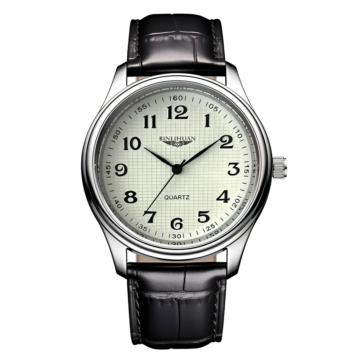 Mens quartz leather watch with black leather strap silver case and cream dial with black arabic numerals waterproof