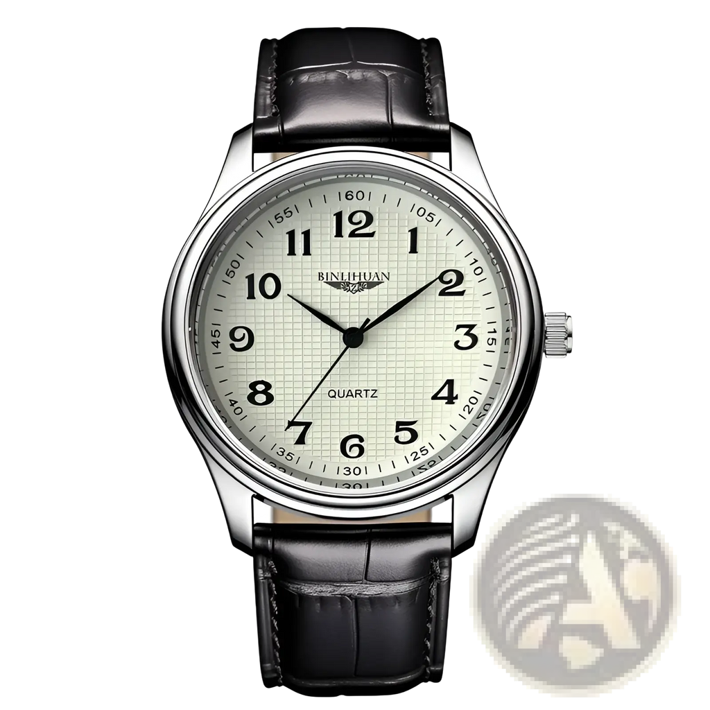 Mens quartz leather watch with black leather strap silver case and cream dial with black arabic numerals waterproof