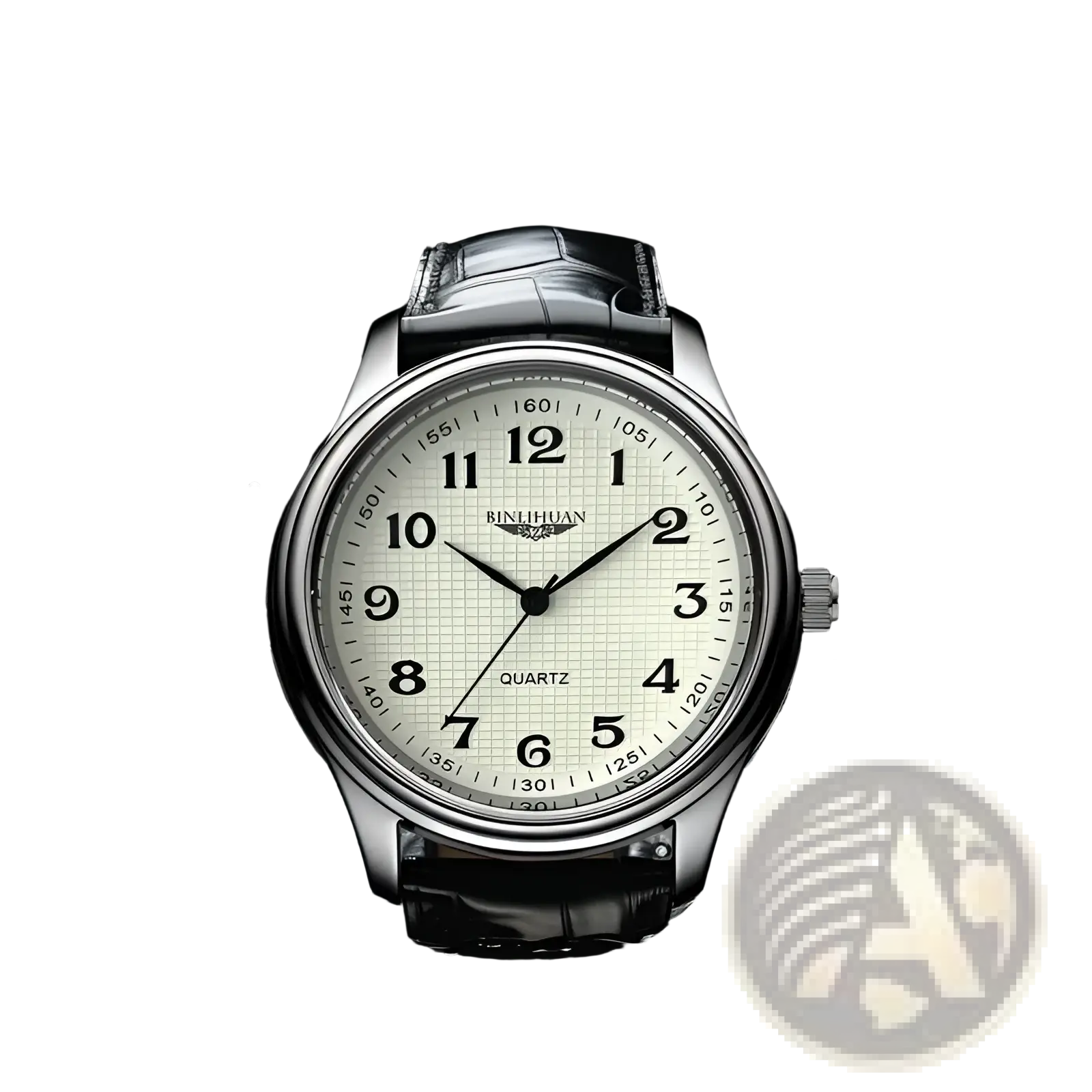 Mens quartz leather watch with silver-toned binihuan case black leather strap and cream dial with bold black numerals