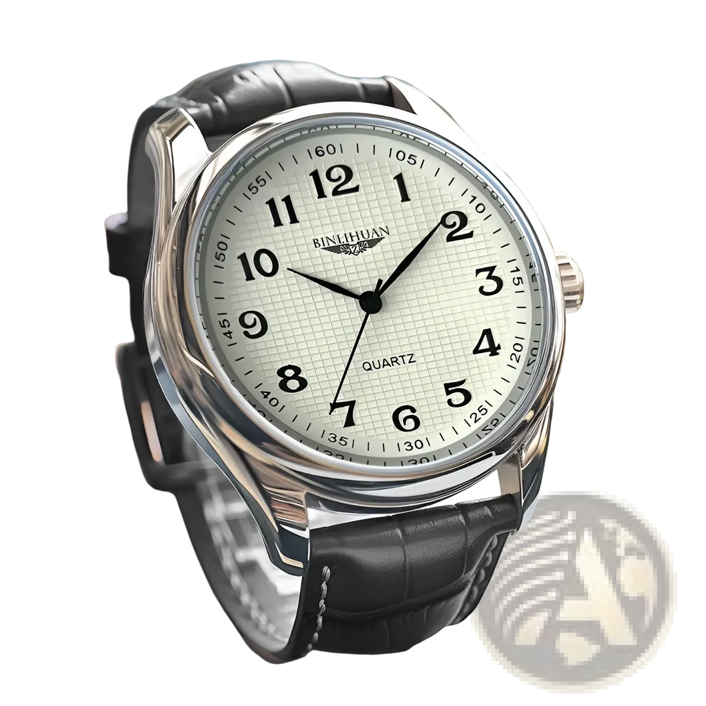 Mens silver-toned binhuan quartz leather watch with black strap and white dial featuring bold black numerals waterproof for business