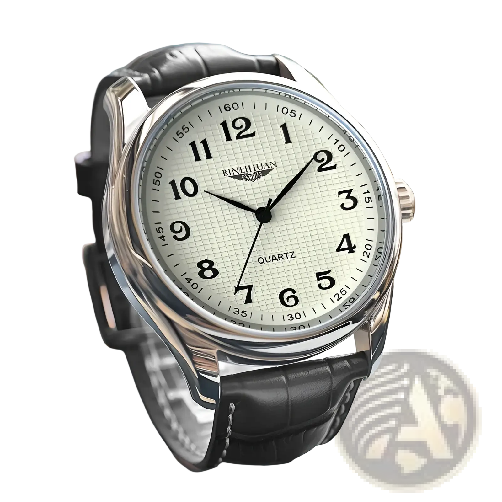 Mens silver-toned binhuan quartz leather watch with black strap and white dial featuring bold black numerals waterproof for business