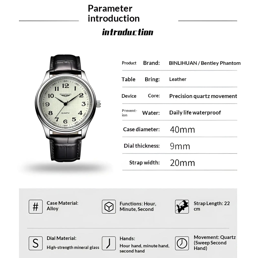 A mens quartz binlihuan bentley phantom leather watch with a silver case black strap and off-white arabic dial