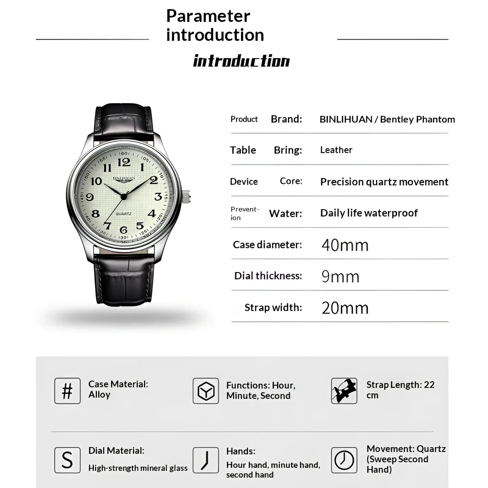 A mens quartz binlihuan bentley phantom leather watch with a silver case black strap and off-white arabic dial