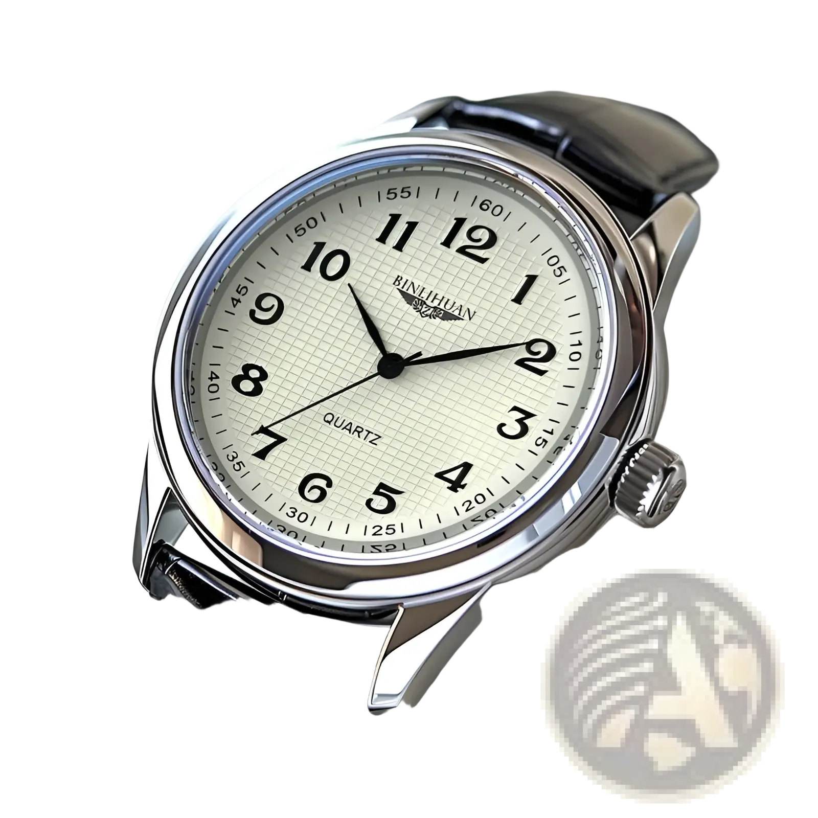 Mens quartz leather watch with silver-toned rinihuan case, cream dial, black arabic numerals, and black leather strap
