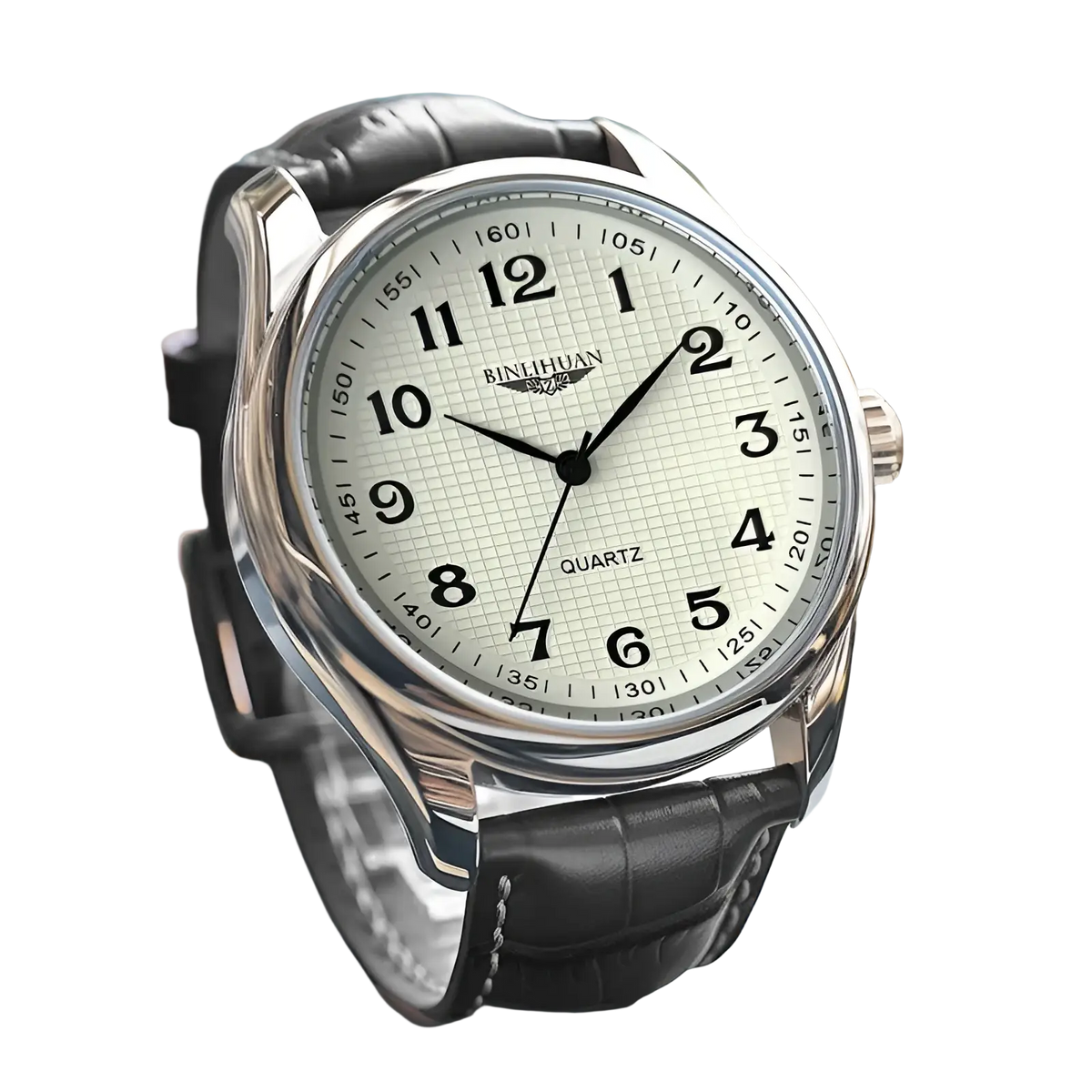 Mens silver-toned binhuan quartz leather watch with black strap and white dial featuring bold black numerals waterproof for business
