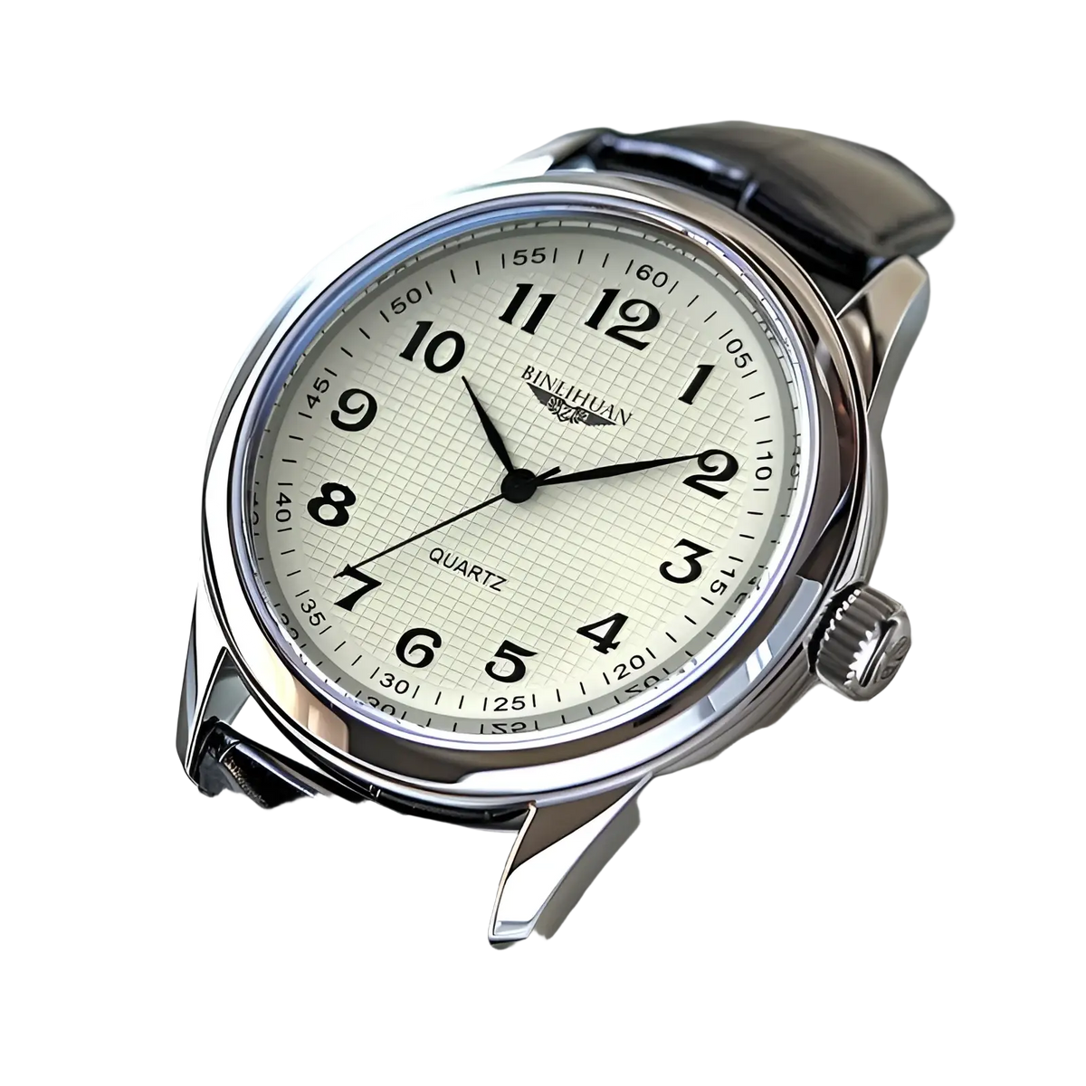 Mens quartz leather watch with silver-toned rinihuan case, cream dial, black arabic numerals, and black leather strap
