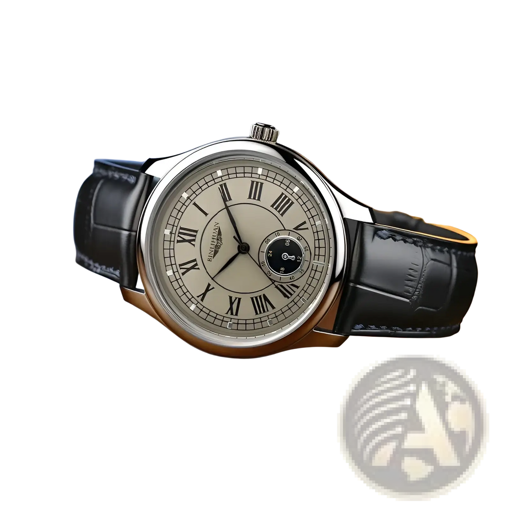 Mens quartz watch with a silver case cream dial black roman numerals and textured black leather strap