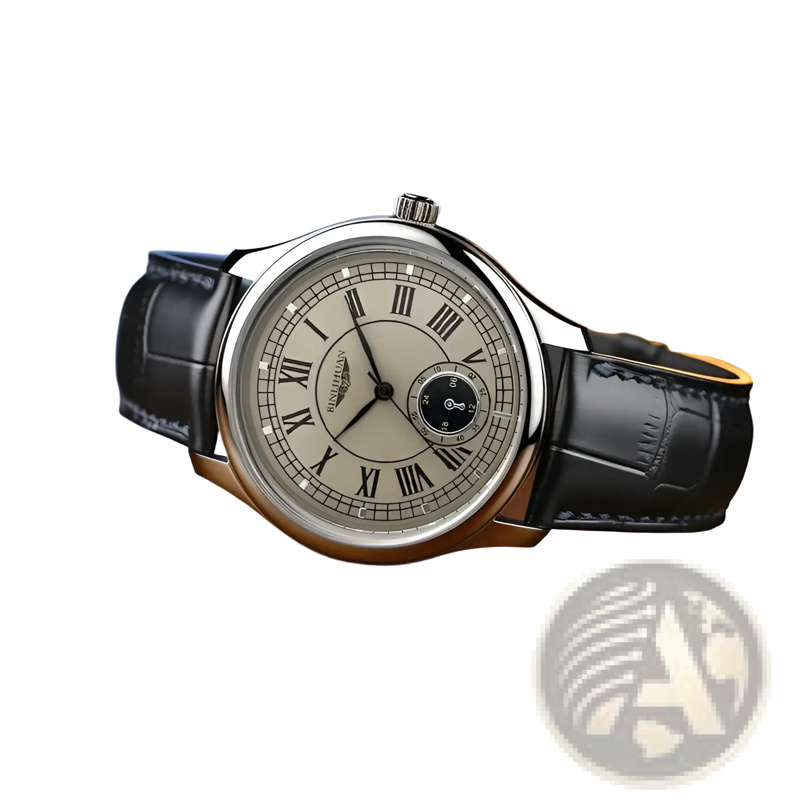 Mens quartz watch with a silver case cream dial black roman numerals and textured black leather strap