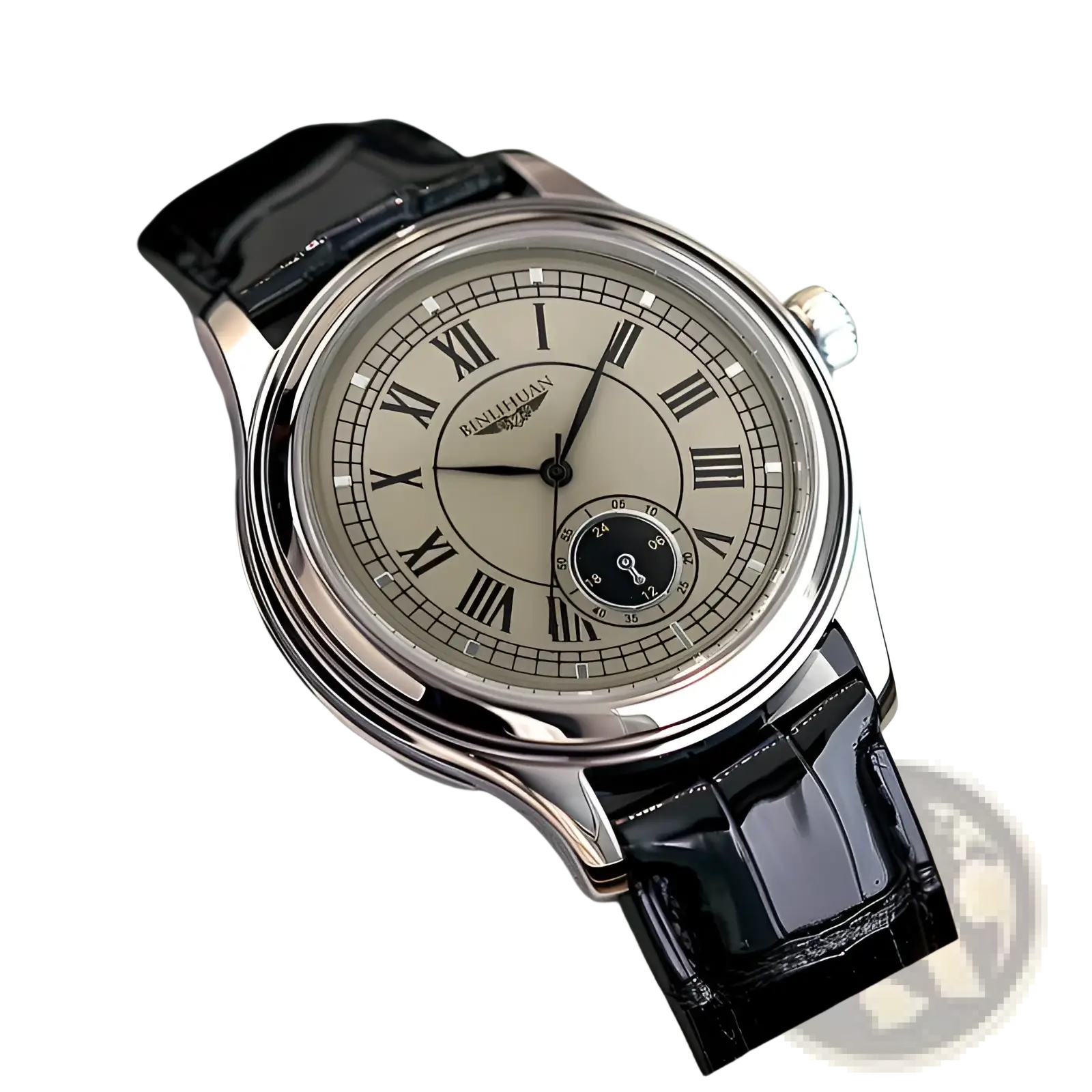Mens quartz watch with a sleek silver-toned case, cream dial, black roman numerals, and black alligator leather strap