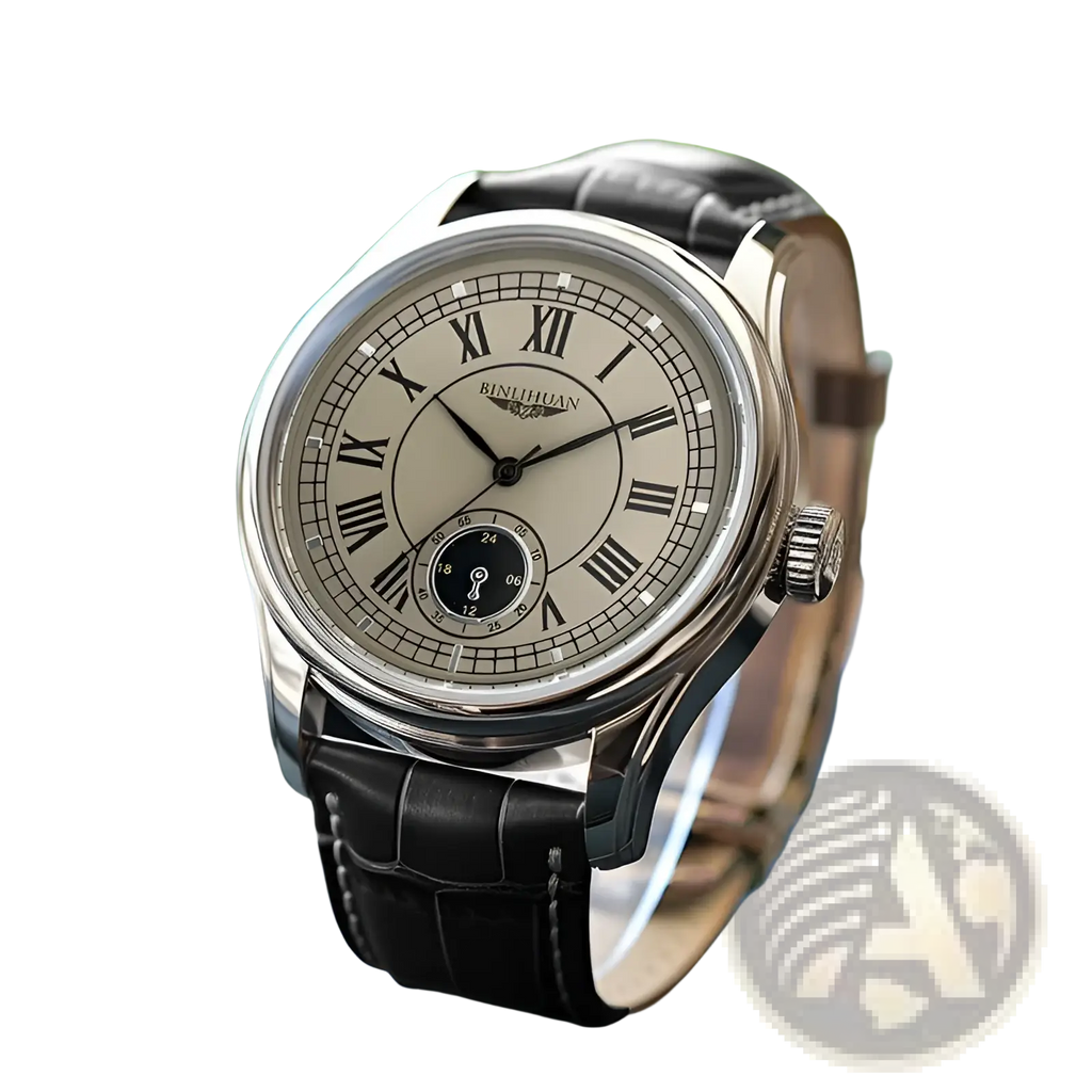 Mens quartz watch with silver stainless steel case, cream dial, black roman numerals, and black leather strap