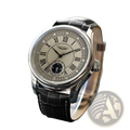 Mens quartz watch with silver stainless steel case, cream dial, black roman numerals, and black leather strap