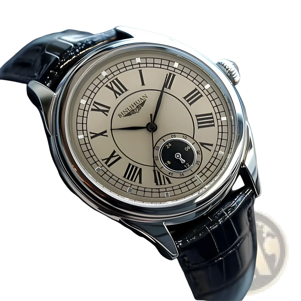 A mens quartz watch featuring a silver-toned binnihuan case, cream dial, black roman numerals, and black crocodile leather strap