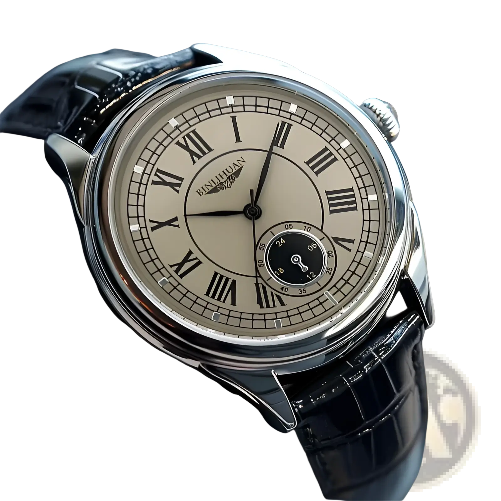 A mens quartz watch featuring a silver-toned binnihuan case, cream dial, black roman numerals, and black crocodile leather strap