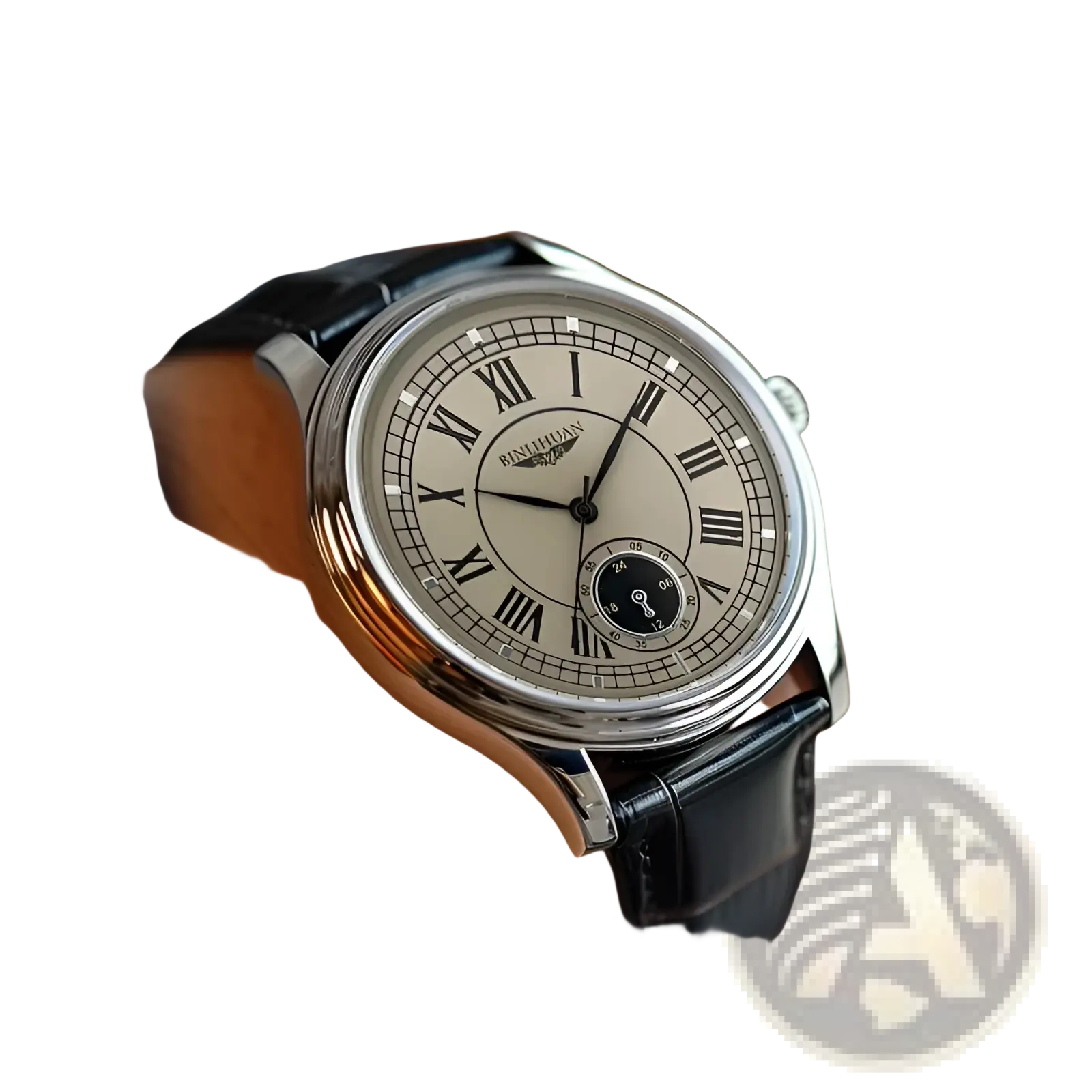 A mens quartz watch with a sleek silver-toned case, cream dial, black roman numerals, and black leather strap