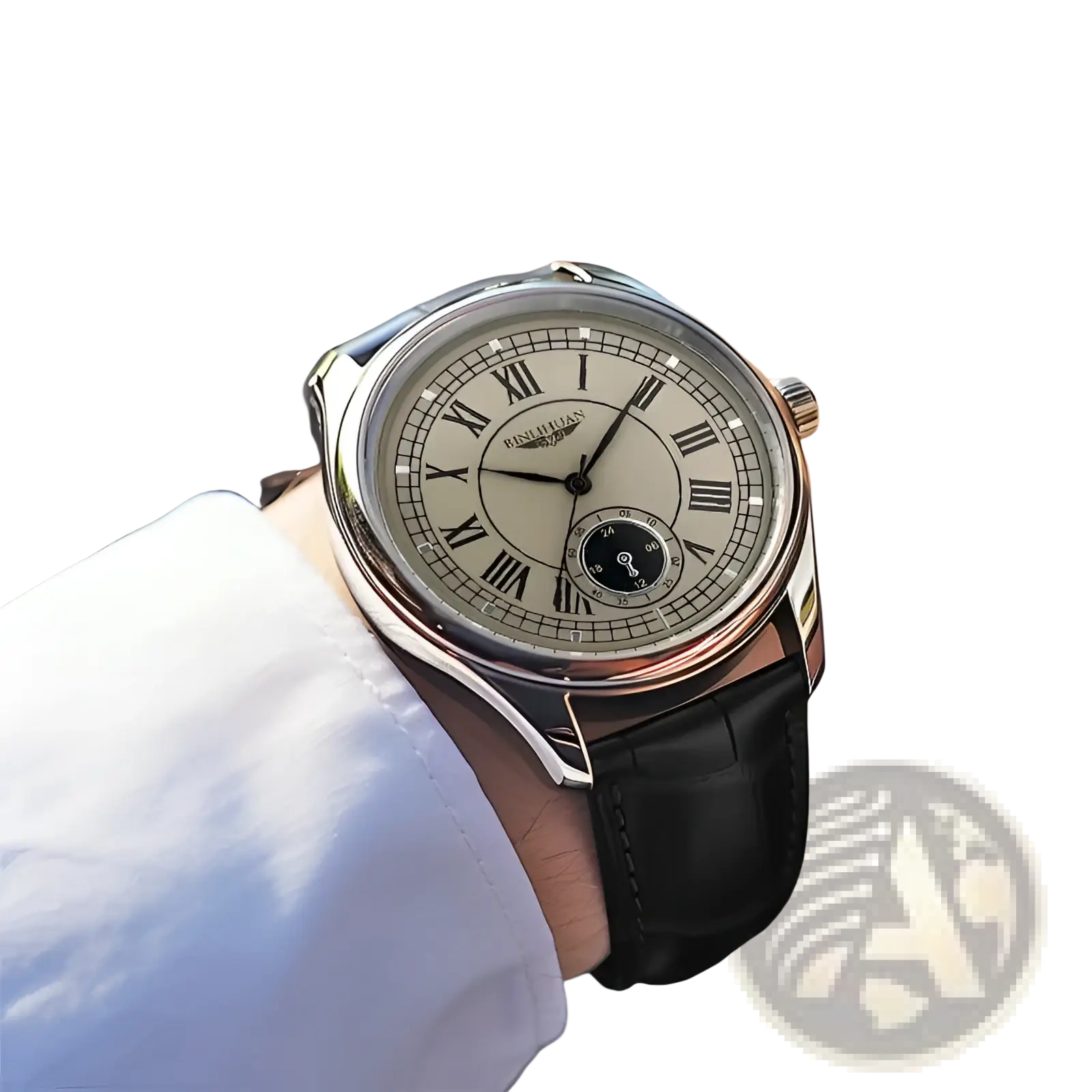 A mens quartz watch with a sleek silver case, cream dial with roman numerals, binghua branding, and black leather strap
