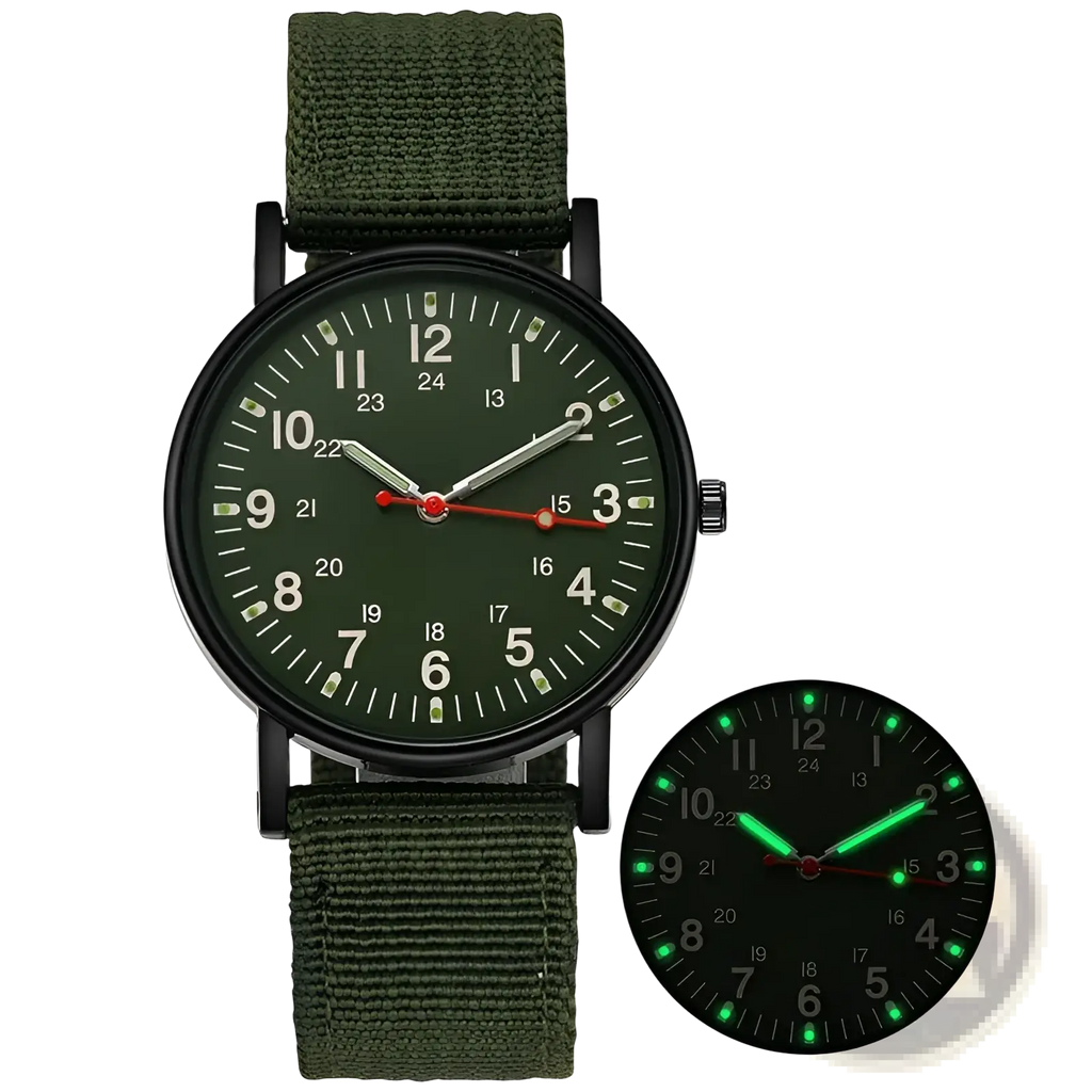 Mens quartz watch minimalist casual wristwatch with olive green canvas strap black case and dark green dial with glowing markers