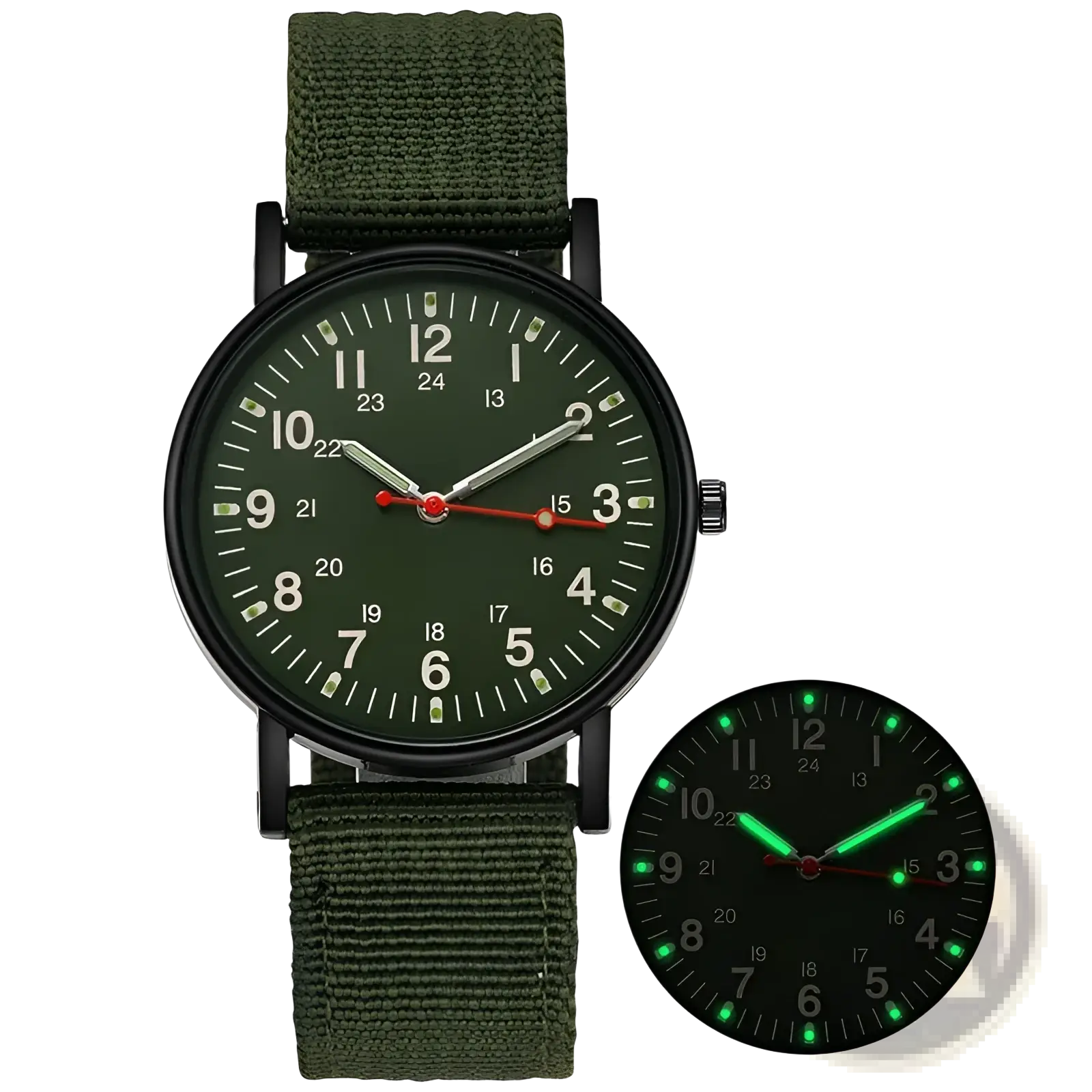 Mens quartz watch minimalist casual wristwatch with olive green canvas strap black case and dark green dial with glowing markers