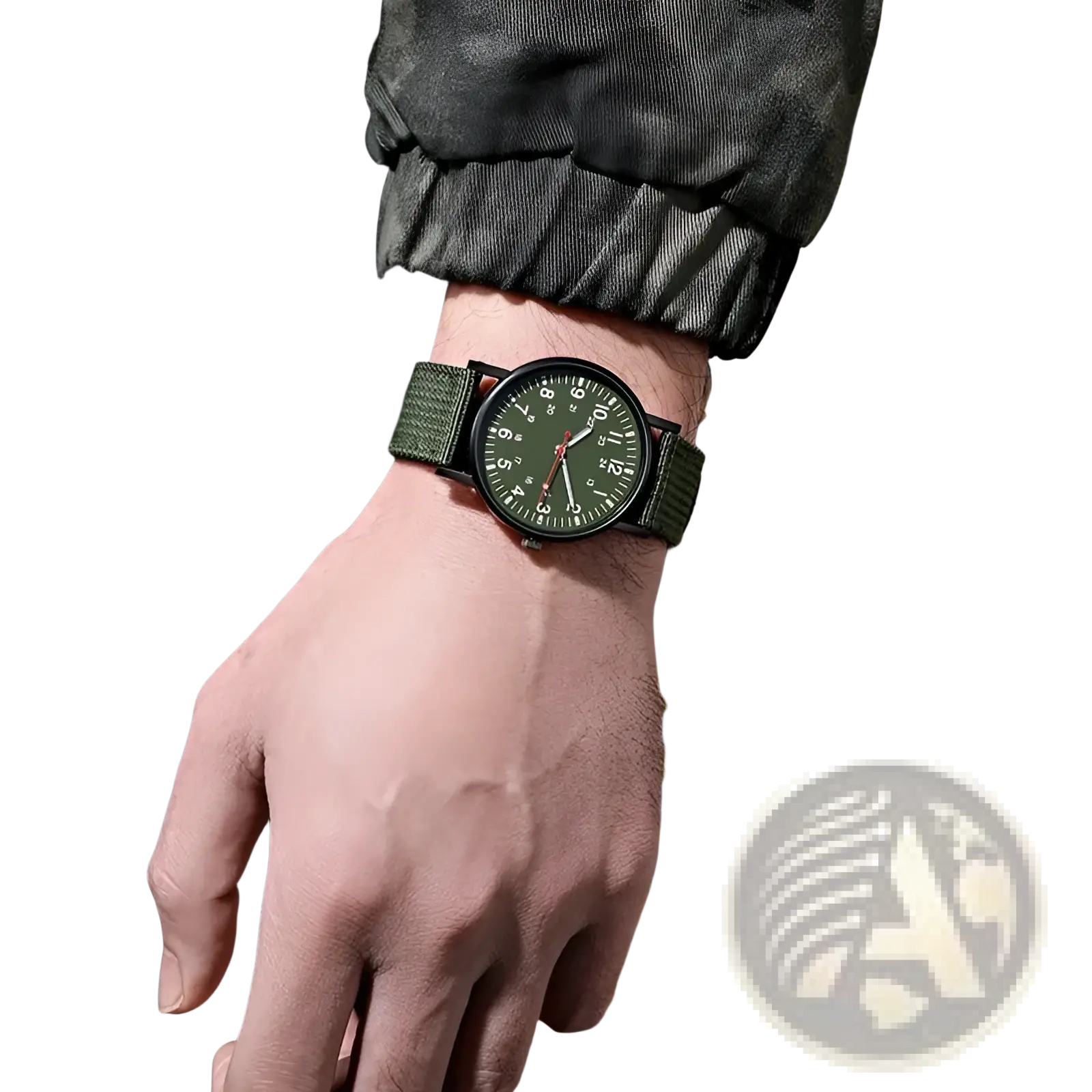 Mens quartz watch with olive green nylon strap black dial and white numerals minimalist casual wristwatch