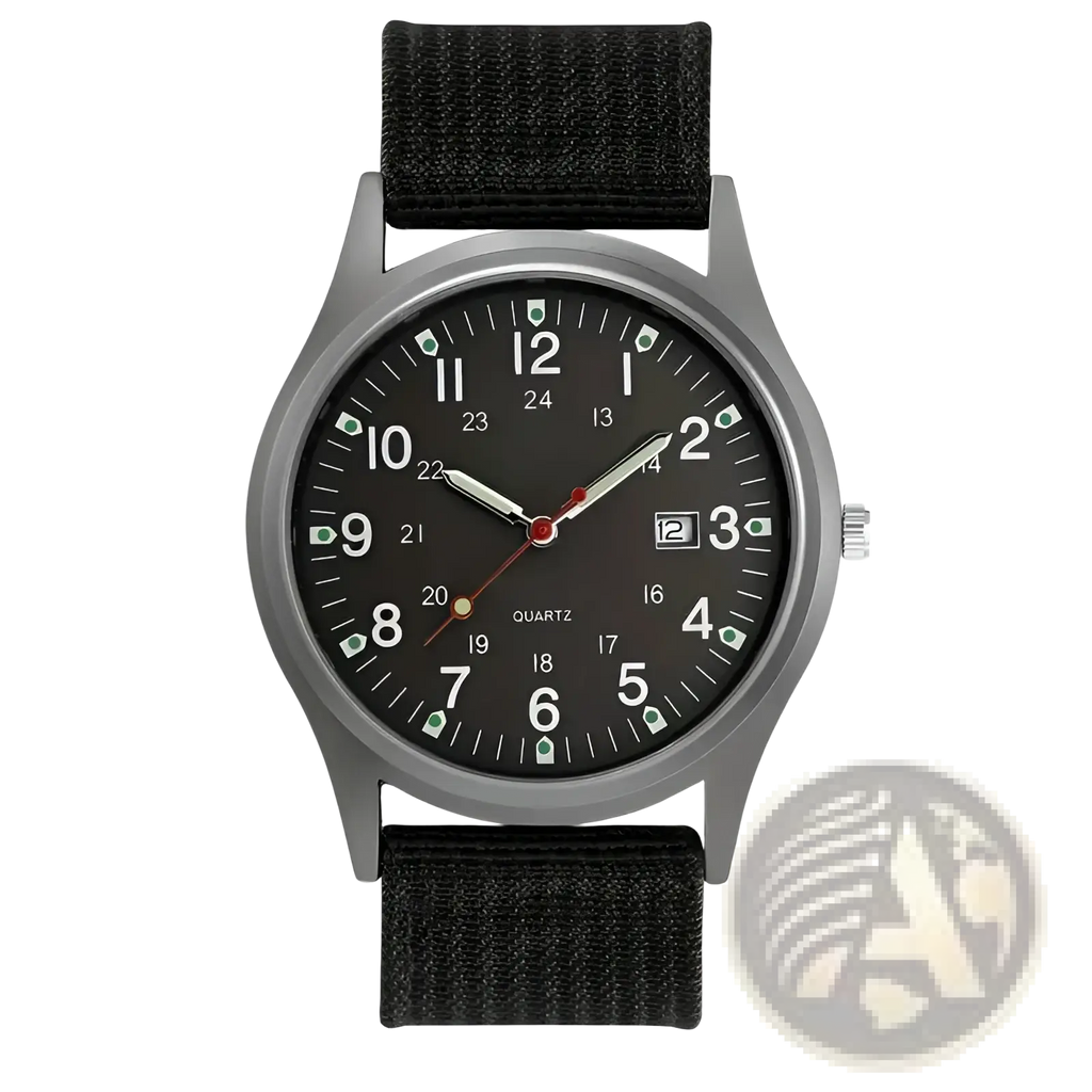 Mens quartz watch minimalist casual wristwatch with black nylon strap, gray metallic case, and black dial with white numerals