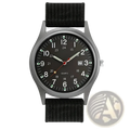 Mens quartz watch minimalist casual wristwatch with black nylon strap, gray metallic case, and black dial with white numerals