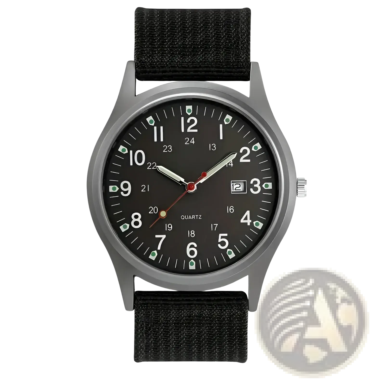 Mens quartz watch minimalist casual wristwatch with black nylon strap, gray metallic case, and black dial with white numerals