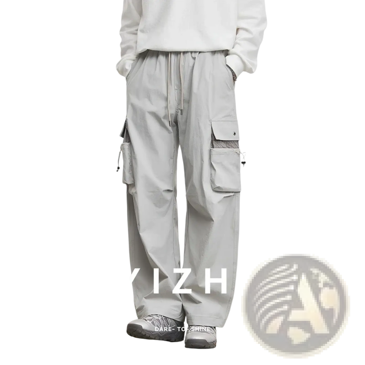 Men’s light gray quick dry cargo pants with multiple pockets and drawstring waistband for casual use