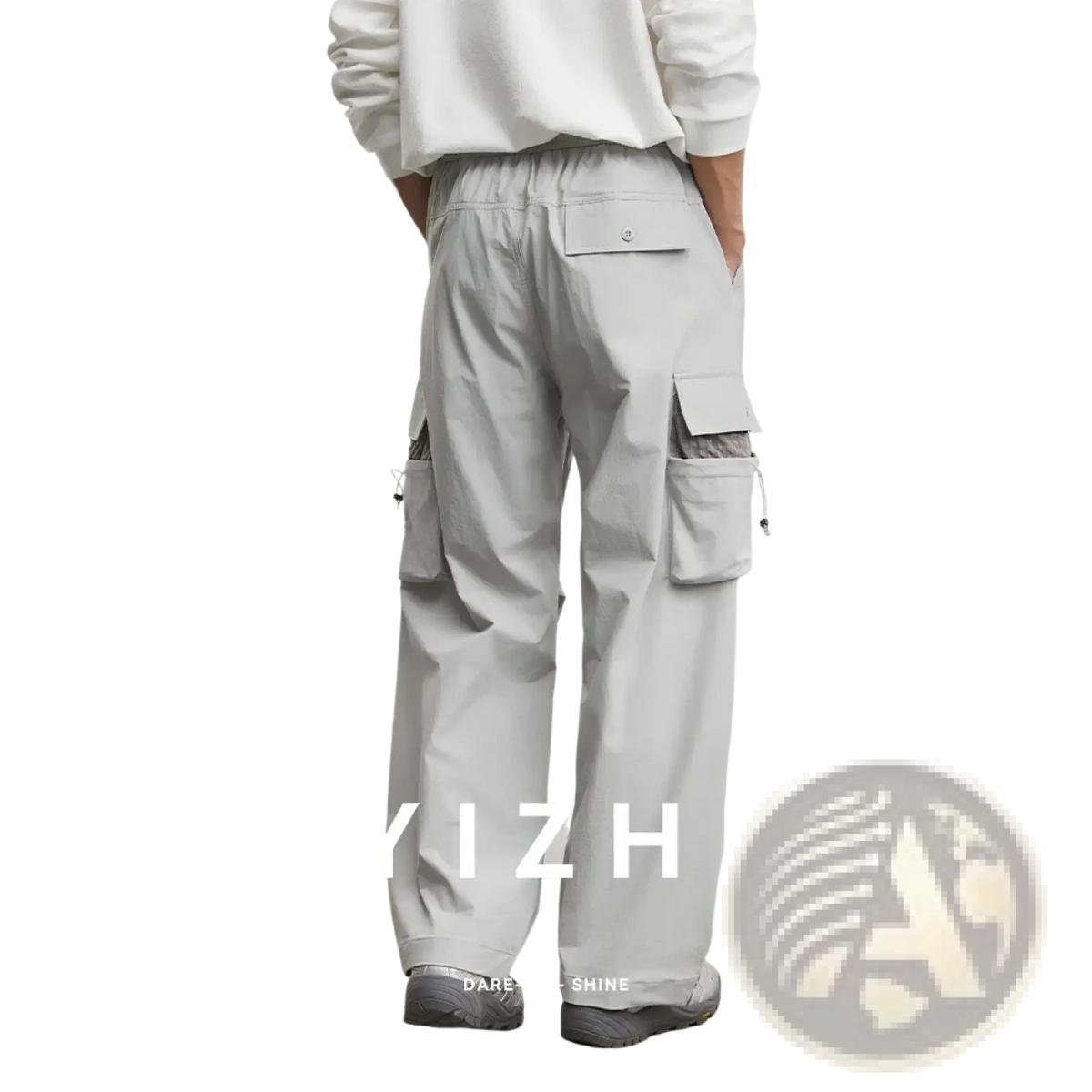 Men’s light gray quick dry cargo pants with multiple pockets and loose fit for casual paratrooper style use