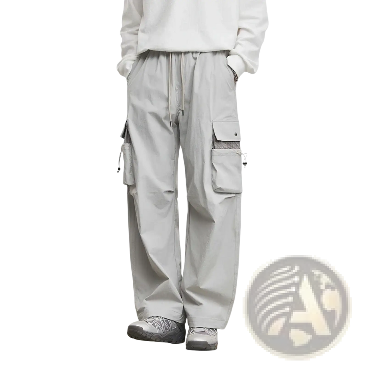 Men’s light gray quick dry cargo pants with multiple pockets and drawstring waistband for casual loose fit wear