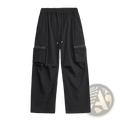 Black men’s quick dry cargo pants with drawstring waistband and large side pockets with textured fabric accents