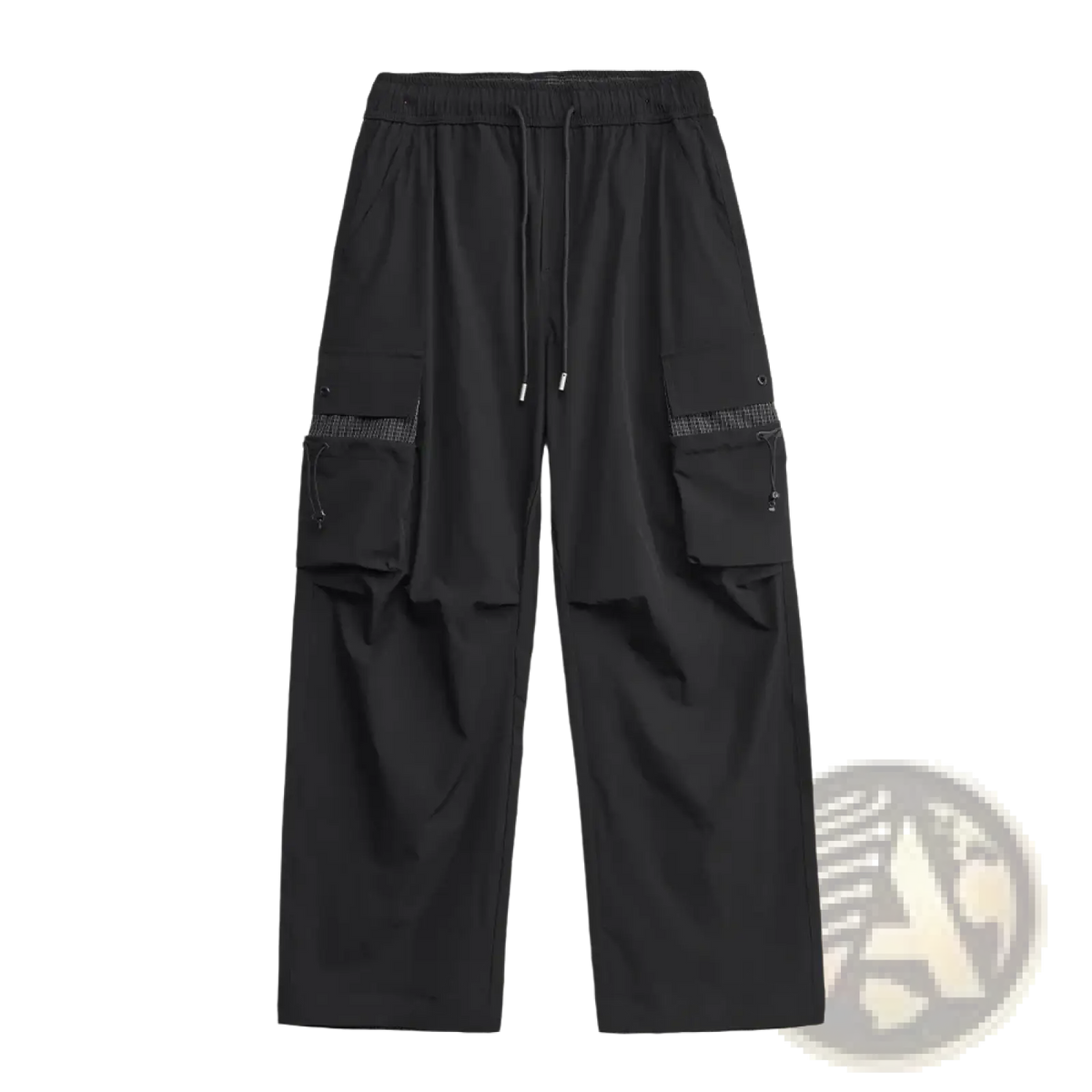 Black men’s quick dry cargo pants with drawstring waistband and large side pockets with textured fabric accents