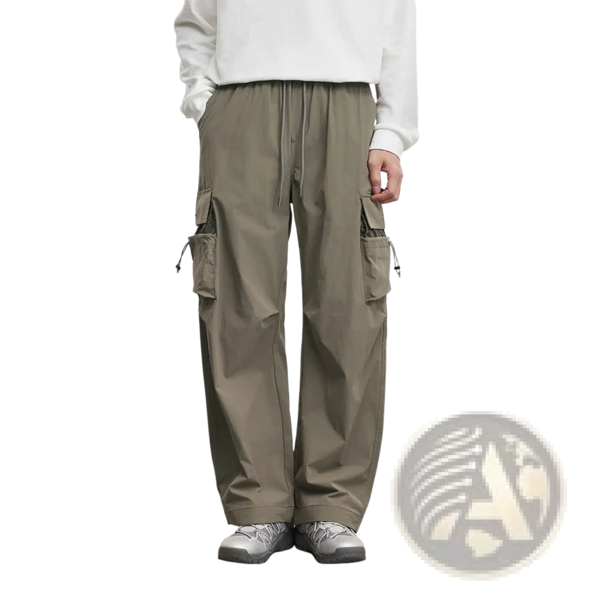 Men’s khaki quick dry cargo pants with multiple side pockets and drawstring waistband for casual loose fit wear