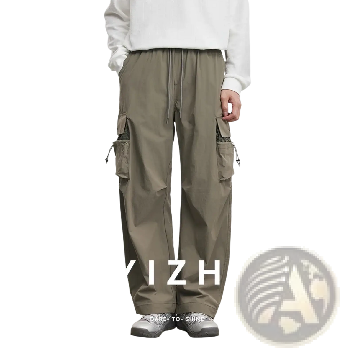 Olive green men’s quick dry cargo pants with multiple side pockets and drawstring waistband for casual wear
