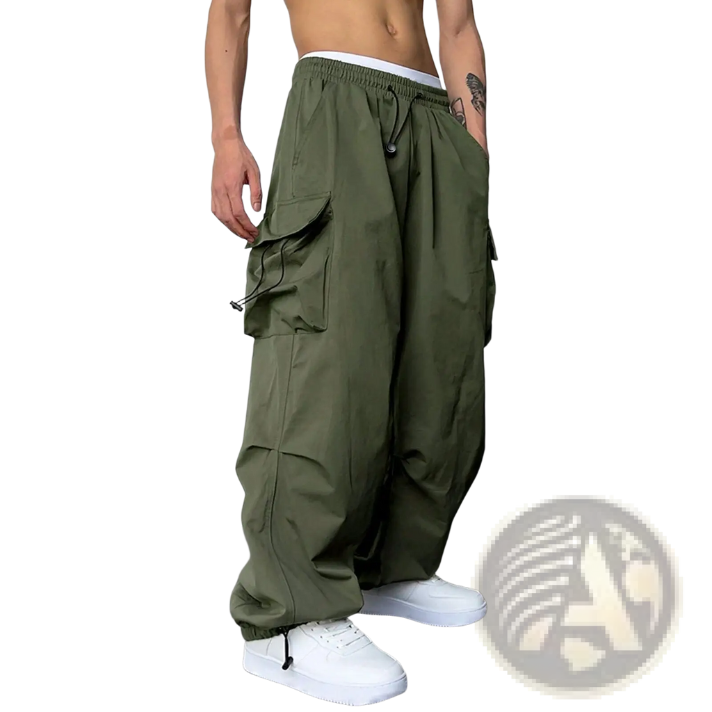 Olive green men’s quick dry cargo pants with elastic waistband drawstring multiple side pockets and relaxed fit