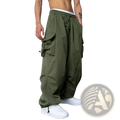 Olive green men’s quick dry cargo pants with elastic waistband drawstring multiple side pockets and relaxed fit