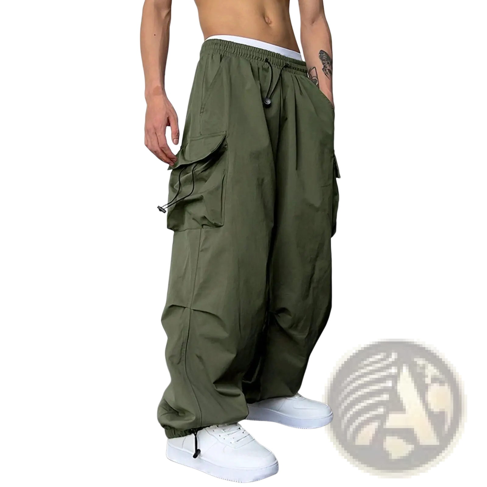 Olive green men’s quick dry cargo pants with elastic waistband drawstring multiple side pockets and relaxed fit
