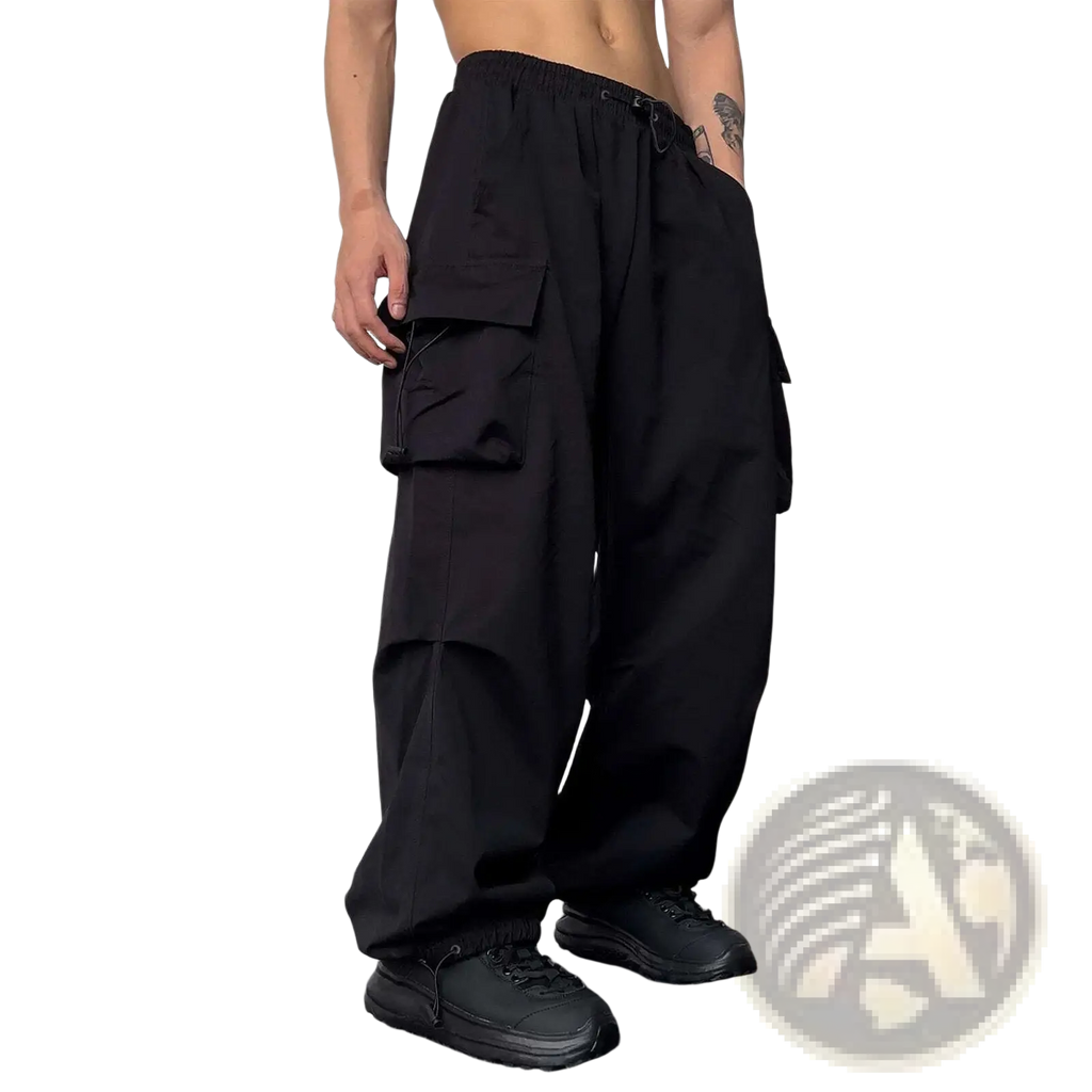 Men’s quick dry black cargo pants with multiple large pockets elastic waistband and wide leg drawstring design