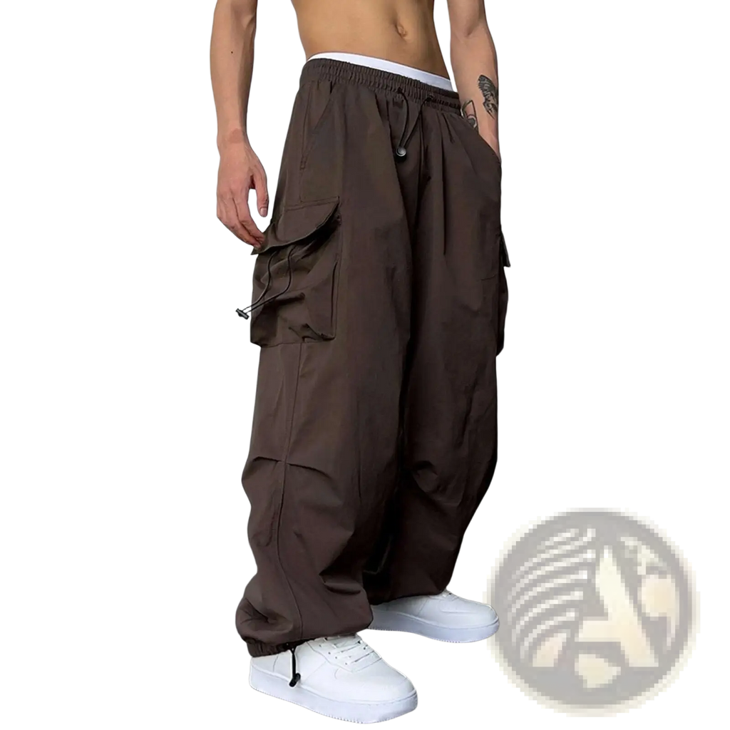 Men’s quick dry brown cargo pants with multiple pockets wide leg and elastic waistband for comfortable wear