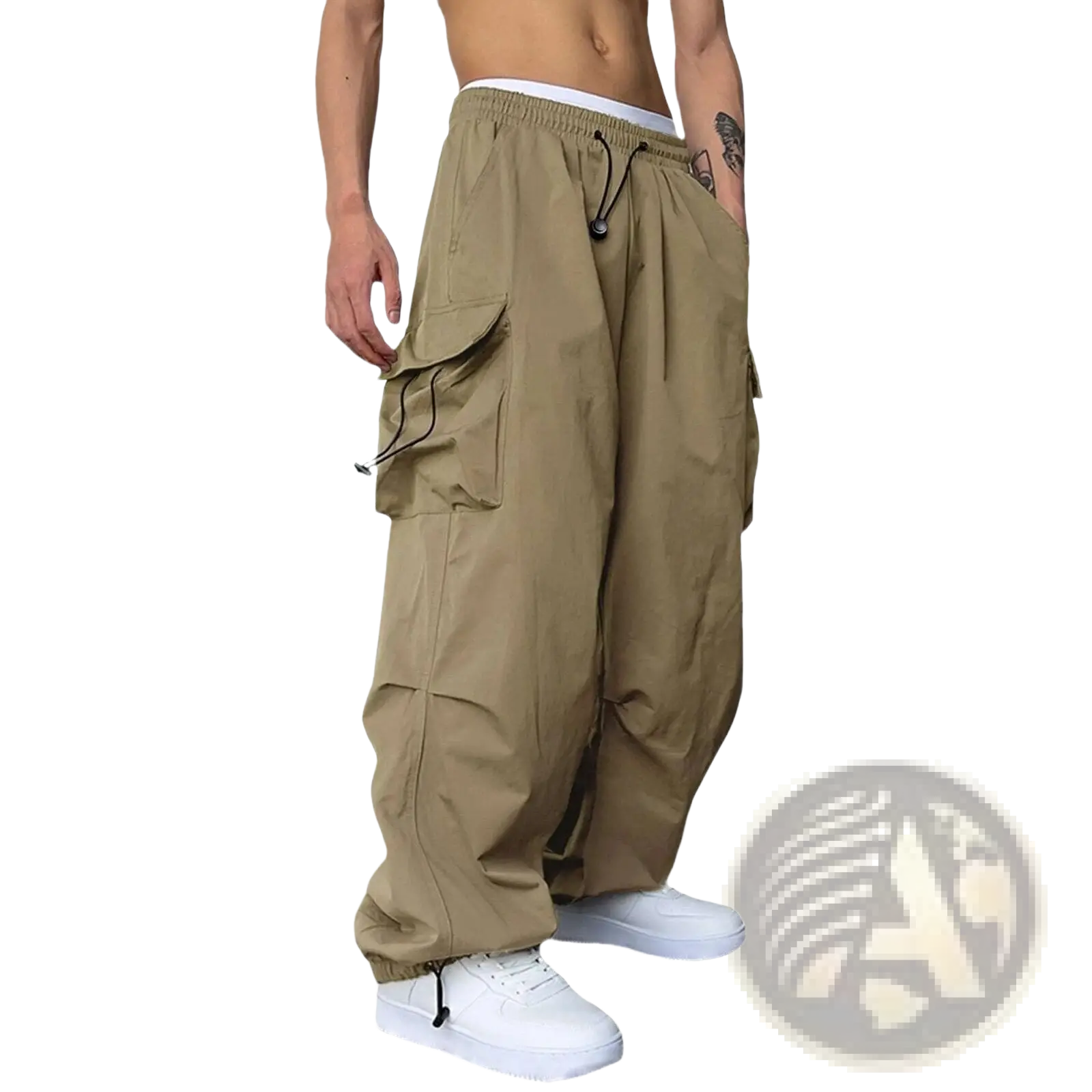 Men’s khaki quick dry cargo pants with multiple side pockets and a wide leg drawstring waistband